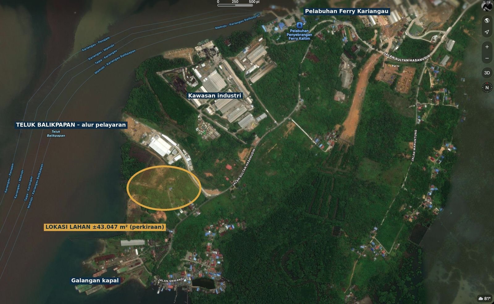 Satellite view of Kariangau with the site circled between the industrial estate and the shipyards