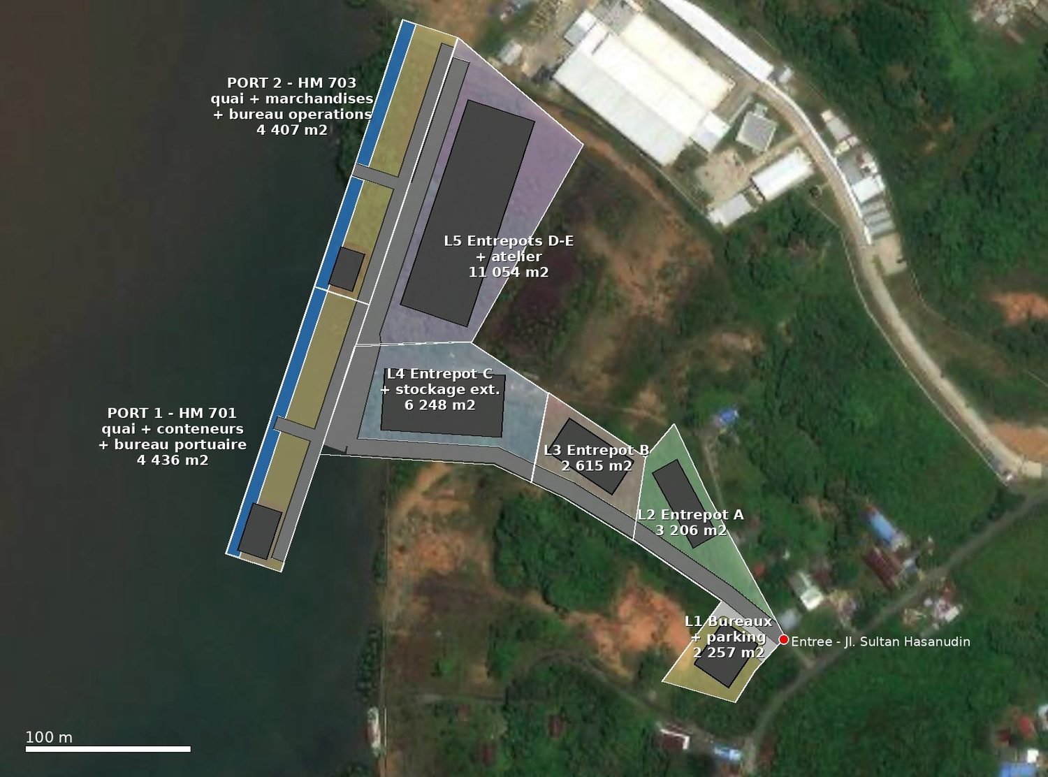 Master plan sketch over satellite image showing PORT 1, PORT 2 and lots L1 to L5