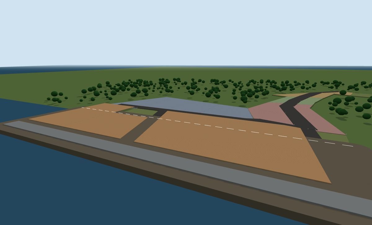 3D model of the site seen from the sea with platform and quay