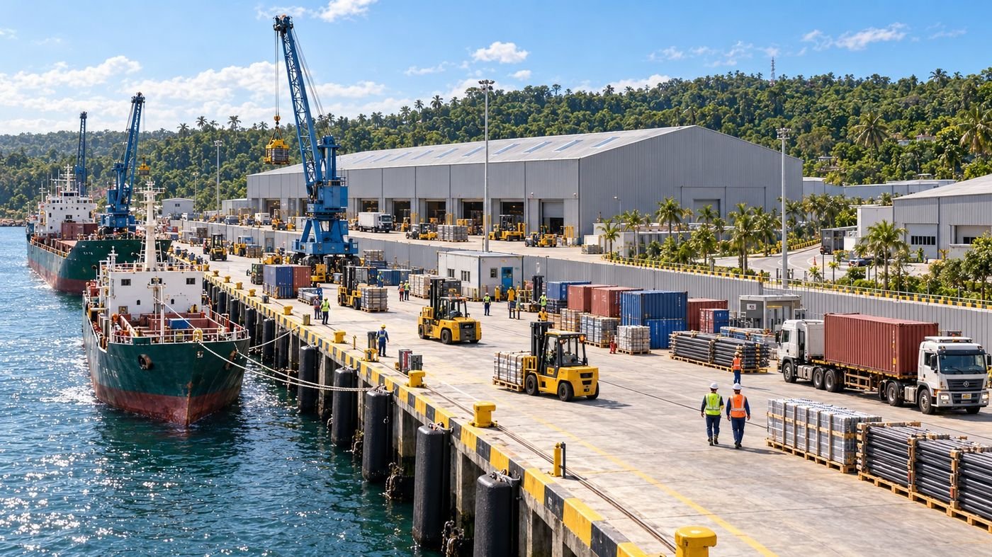 Concept visualisation of the quay with cargo ships, cranes and containers