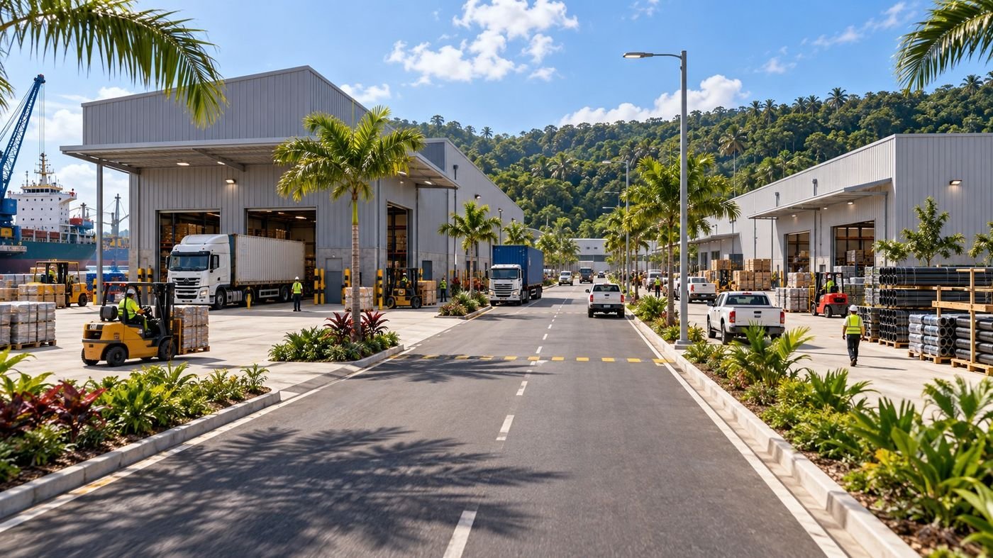 Concept visualisation of the estate road lined with warehouses